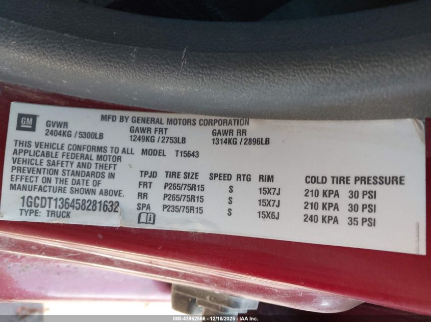 2005 Chevrolet Colorado Ls VIN: 1GCDT136458281632 Lot: 43962566