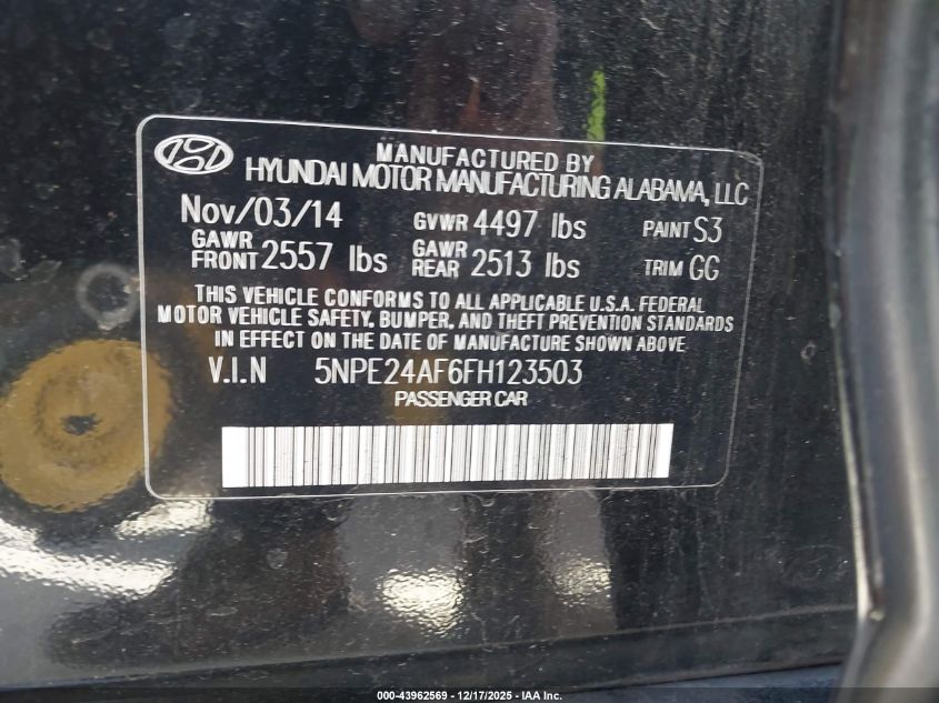 2015 Hyundai Sonata Se VIN: 5NPE24AF6FH123503 Lot: 43962569