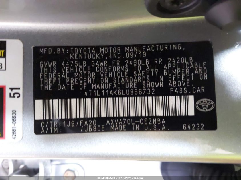 2020 Toyota Camry Le VIN: 4T1L11AK6LU866732 Lot: 43962573