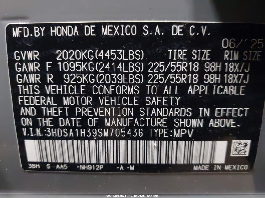 2025 Acura Adx VIN: 3HDSA1H39SM705436 Lot: 43962574