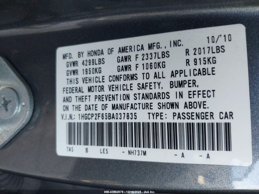 2011 Honda Accord 2.4 Se VIN: 1HGCP2F65BA037835 Lot: 43962575