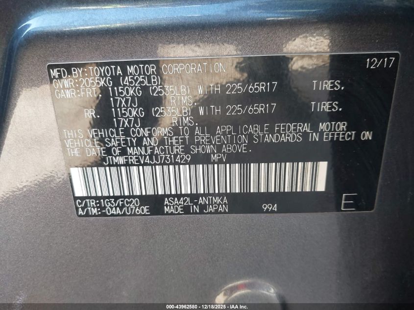 2018 Toyota Rav4 Xle VIN: JTMWFREV4JJ731429 Lot: 43962580