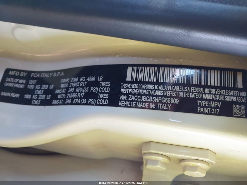 2017 Jeep Renegade Trailhawk 4X4 VIN: ZACCJBCB5HPG66909 Lot: 43962583