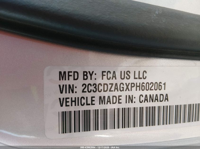 2023 Dodge Challenger Sxt VIN: 2C3CDZAGXPH602061 Lot: 43962584