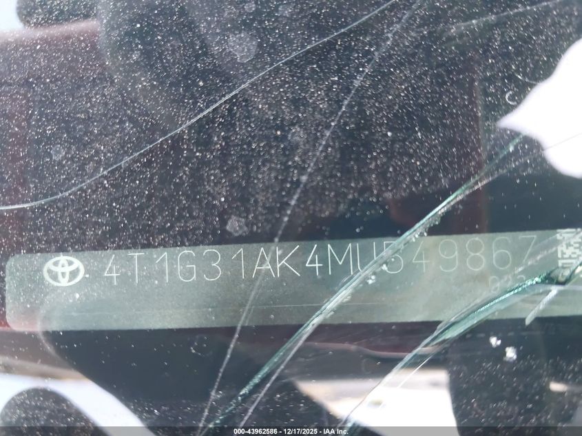 2021 Toyota Camry Se Hybrid VIN: 4T1G31AK4MU549867 Lot: 43962586