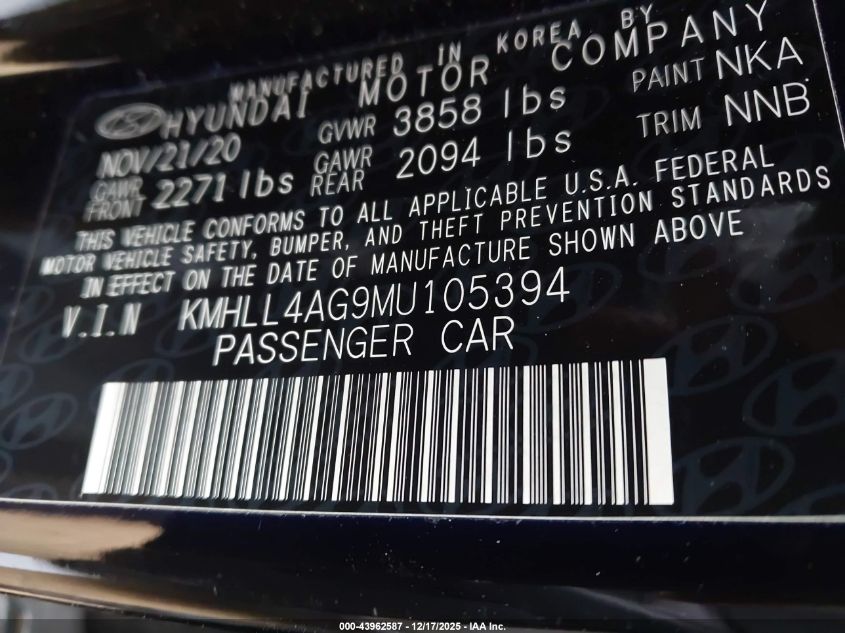 2021 Hyundai Elantra Se VIN: KMHLL4AG9MU105394 Lot: 43962587