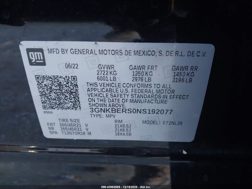 2022 Chevrolet Blazer Fwd Rs VIN: 3GNKBERS0NS192077 Lot: 43962589