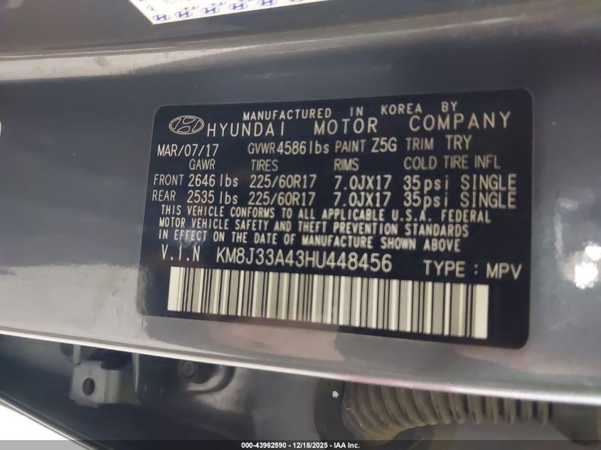 2017 Hyundai Tucson Se VIN: KM8J33A43HU448456 Lot: 43962590