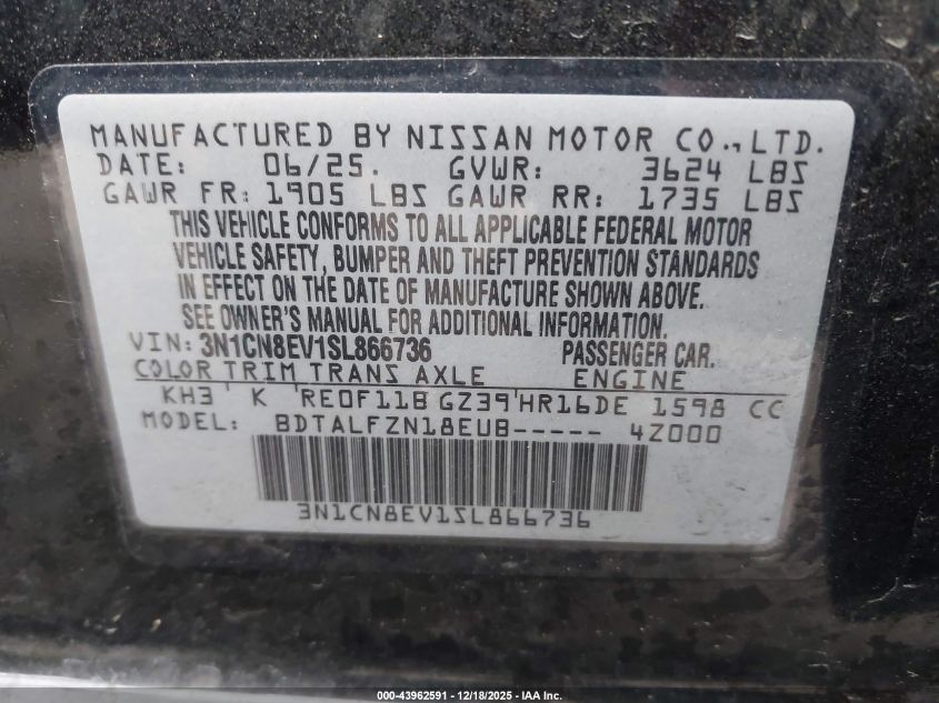 2025 Nissan Versa 1.6 Sv VIN: 3N1CN8EV1SL866736 Lot: 43962591
