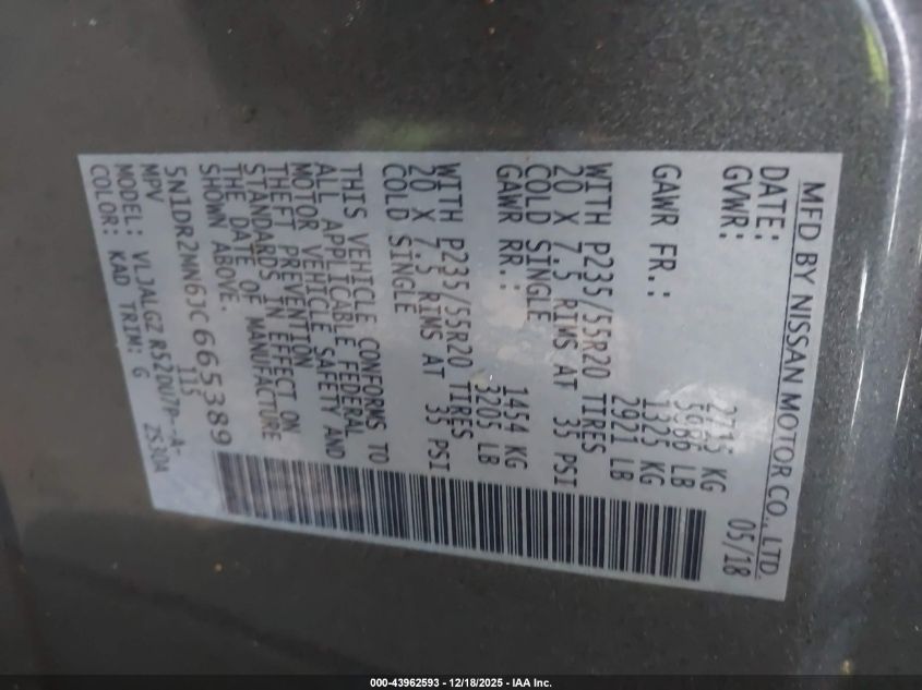 2018 Nissan Pathfinder Sl VIN: 5N1DR2MN6JC665389 Lot: 43962593