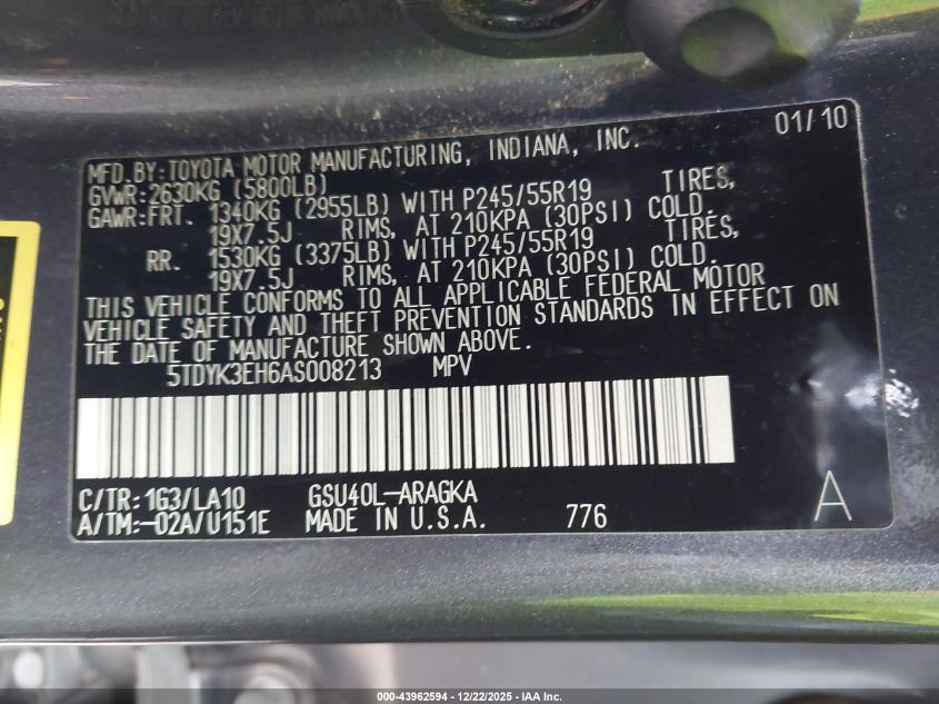 2010 Toyota Highlander Limited V6 VIN: 5TDYK3EH6AS008213 Lot: 43962594