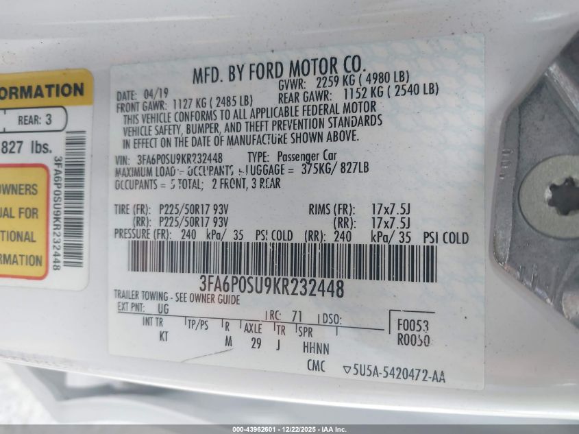 2019 Ford Fusion Energi Titanium VIN: 3FA6P0SU9KR232448 Lot: 43962601