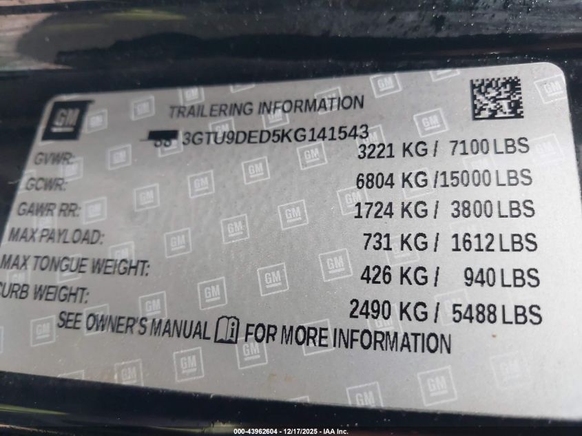 2019 GMC Sierra 1500 Slt VIN: 3GTU9DED5KG141543 Lot: 43962604