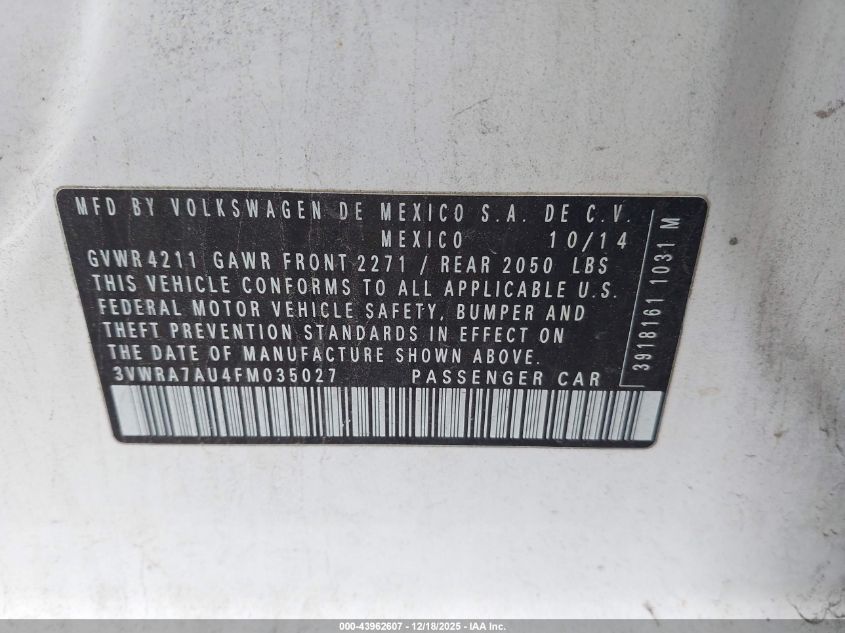 2015 Volkswagen Golf Tdi Se 4-Door VIN: 3VWRA7AU4FM035027 Lot: 43962607