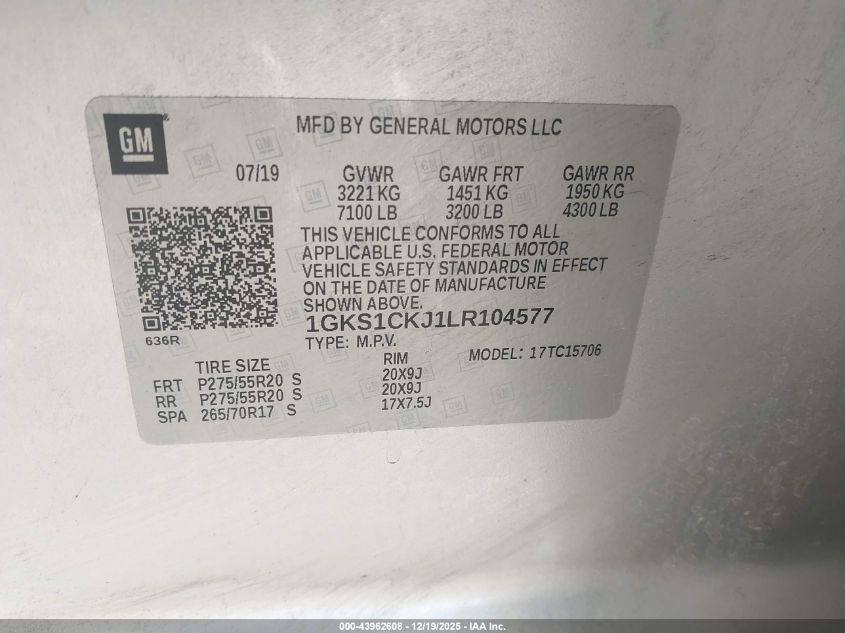 2020 GMC Yukon 2Wd Denali VIN: 1GKS1CKJ1LR104577 Lot: 43962608
