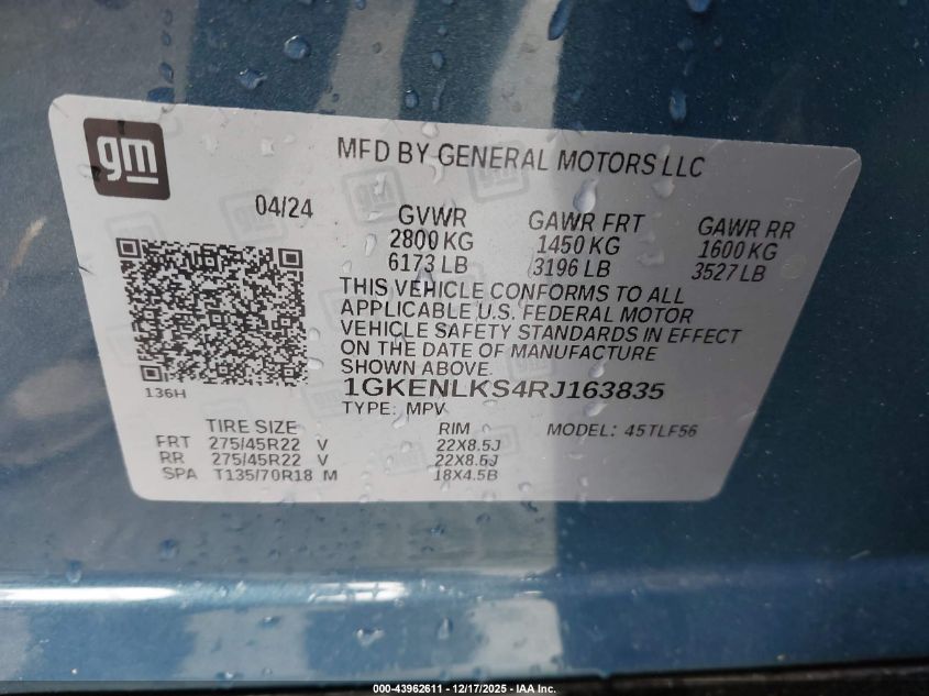 2024 GMC Acadia Fwd Denali VIN: 1GKENLKS4RJ163835 Lot: 43962611