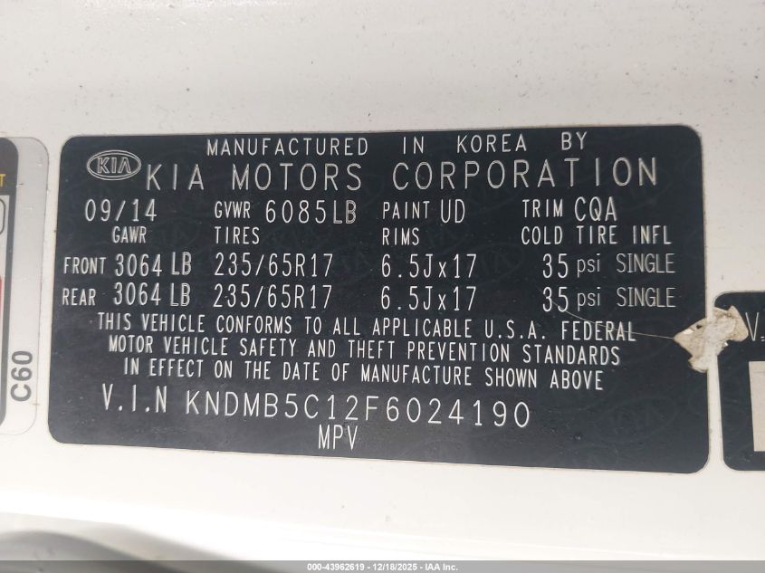 2015 Kia Sedona Lx VIN: KNDMB5C12F6024190 Lot: 43962619