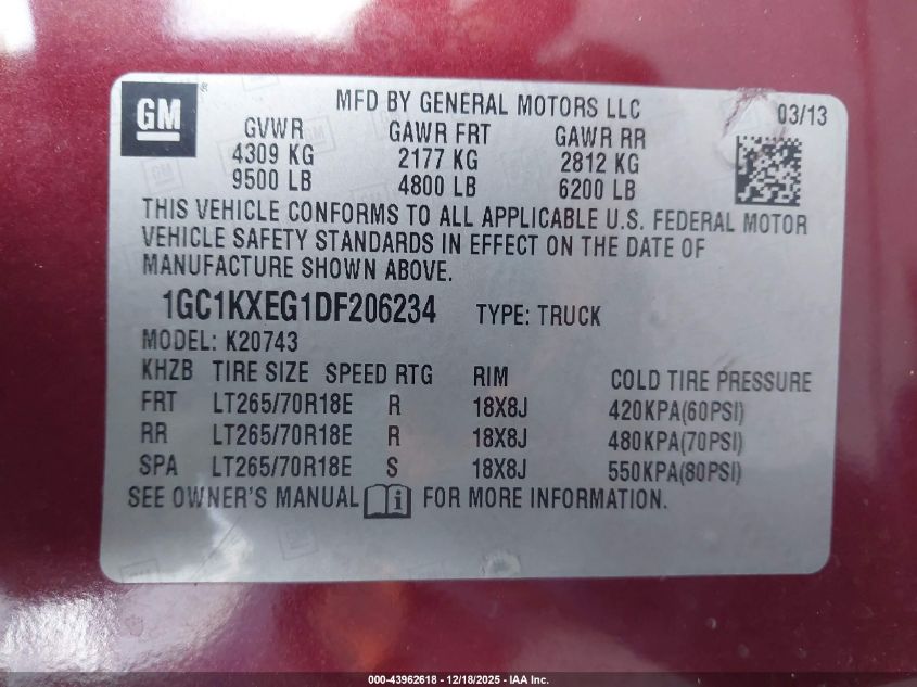 2013 Chevrolet Silverado 2500Hd Lt VIN: 1GC1KXEG1DF206234 Lot: 43962618