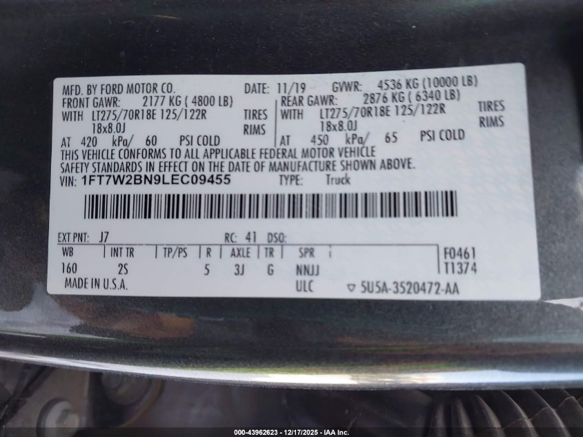 2020 Ford F-250 Xlt VIN: 1FT7W2BN9LEC09455 Lot: 43962623