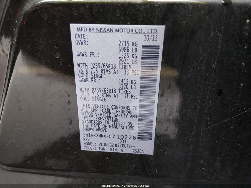 2015 Nissan Pathfinder Sl VIN: 5N1AR2MMXFC719276 Lot: 43962624