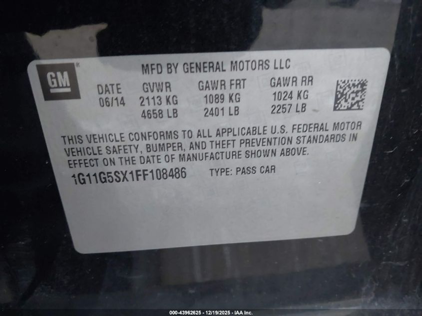 2015 Chevrolet Malibu 2Lz VIN: 1G11G5SX1FF108486 Lot: 43962625