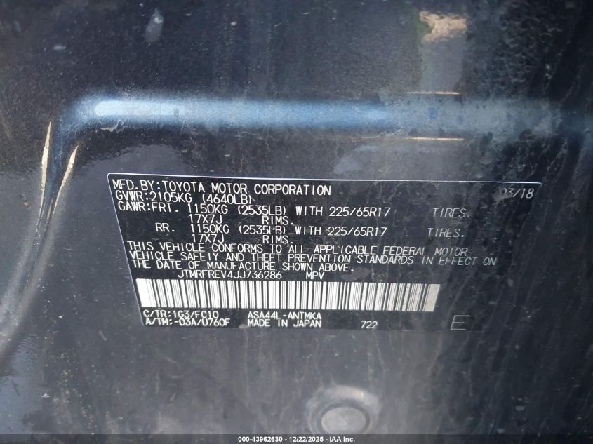 2018 Toyota Rav4 Xle VIN: JTMRFREV4JJ736286 Lot: 43962630