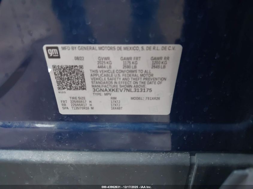 2022 Chevrolet Equinox Fwd Lt VIN: 3GNAXKEV7NL313175 Lot: 43962631