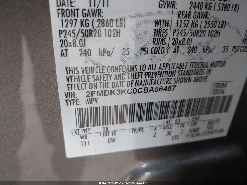 2012 Ford Edge Limited VIN: 2FMDK3KC0CBA56457 Lot: 43962632