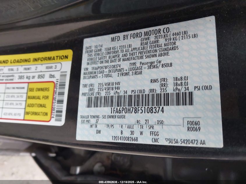 2015 Ford Fusion Se VIN: 1FA6P0H78F5108374 Lot: 43962636