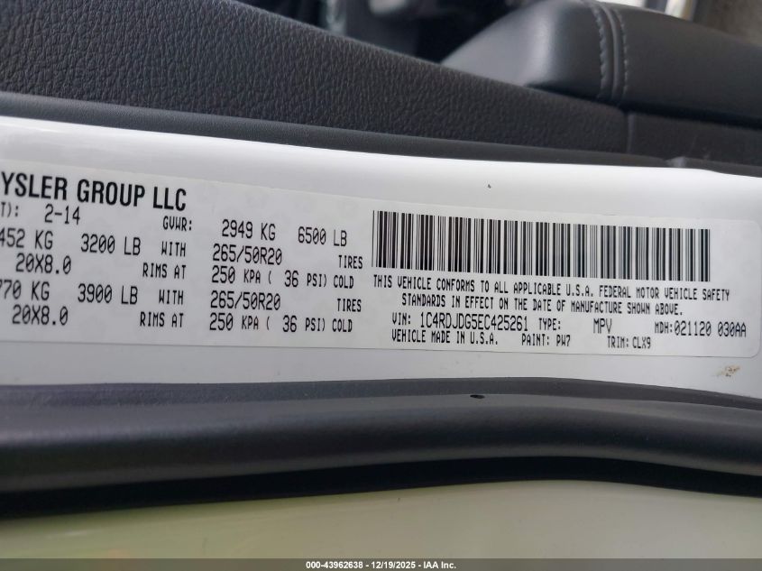 2014 Dodge Durango Limited VIN: 1C4RDJDG5EC425261 Lot: 43962638