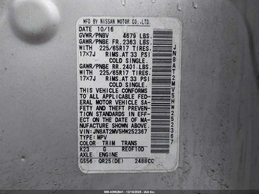 2017 Nissan Rogue Sv VIN: JN8AT2MV5HW252367 Lot: 43962641