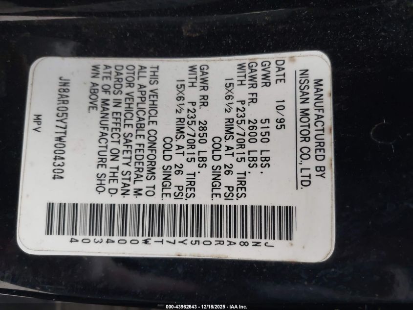 1996 Nissan Pathfinder Le/Se/Xe VIN: JN8AR05Y7TW004304 Lot: 43962643