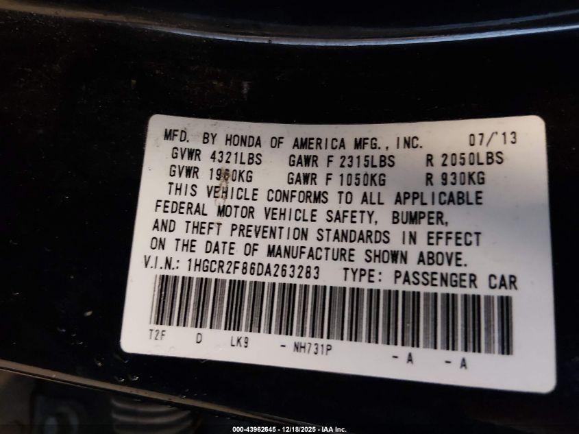 2013 Honda Accord Ex-L VIN: 1HGCR2F86DA263283 Lot: 43962645