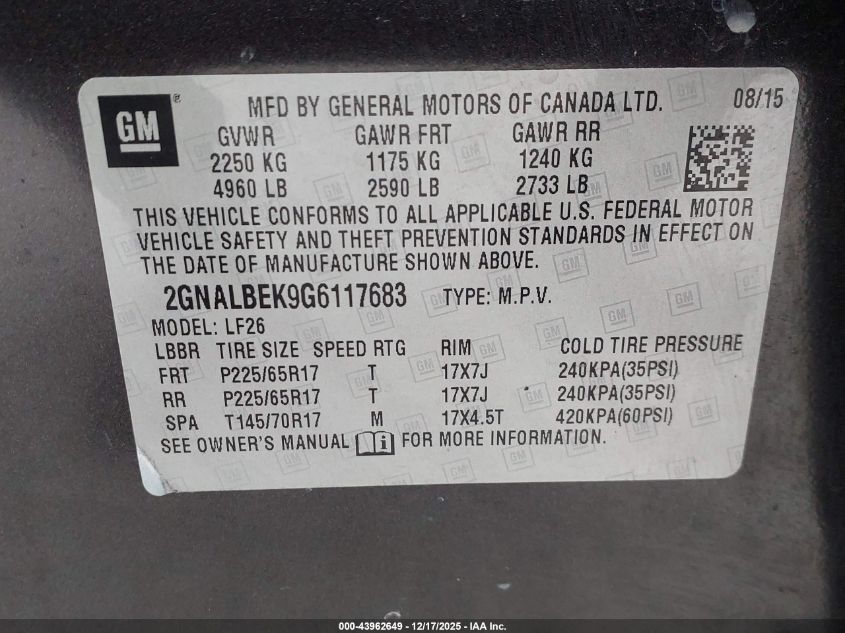 2016 Chevrolet Equinox Ls VIN: 2GNALBEK9G6117683 Lot: 43962649