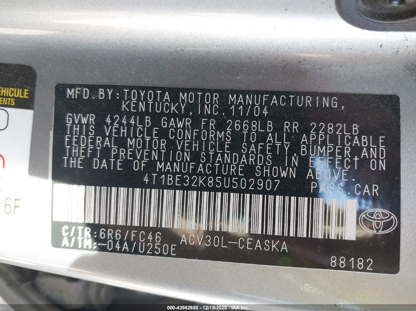 2005 Toyota Camry Se VIN: 4T1BE32K85U502907 Lot: 43962650