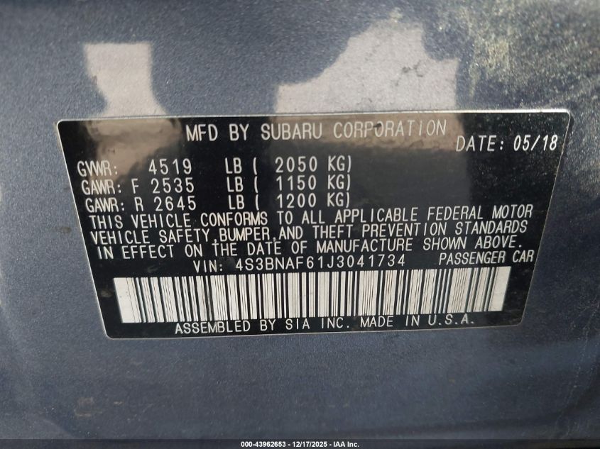 2018 Subaru Legacy 2.5I Premium VIN: 4S3BNAF61J3041734 Lot: 43962653
