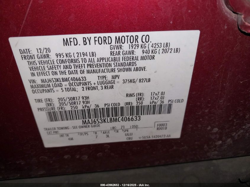 2021 Ford Ecosport Titanium VIN: MAJ6S3KL8MC406633 Lot: 43962652