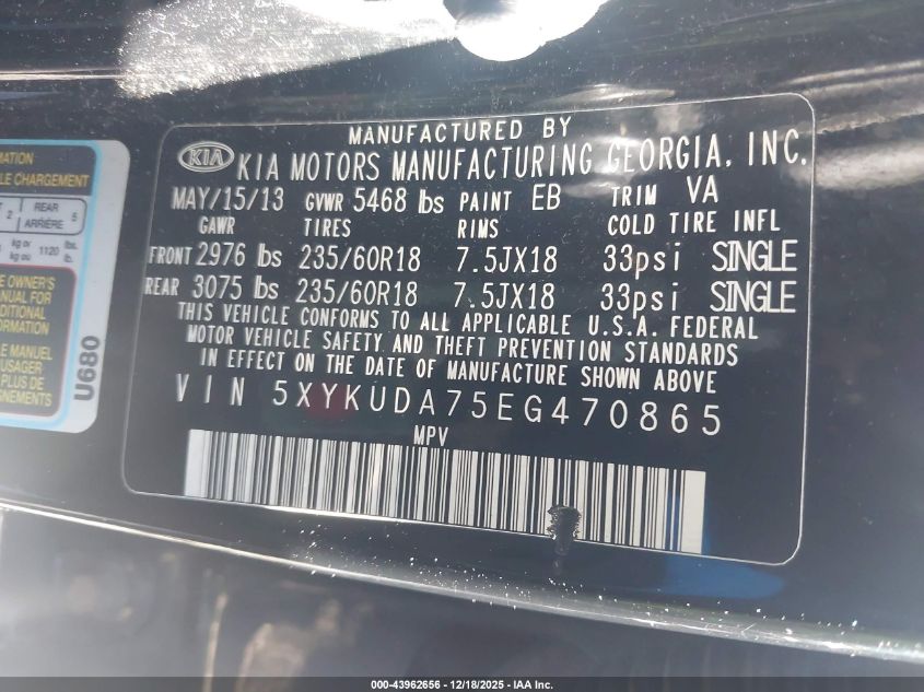 2014 Kia Sorento Ex V6 VIN: 5XYKUDA75EG470865 Lot: 43962656