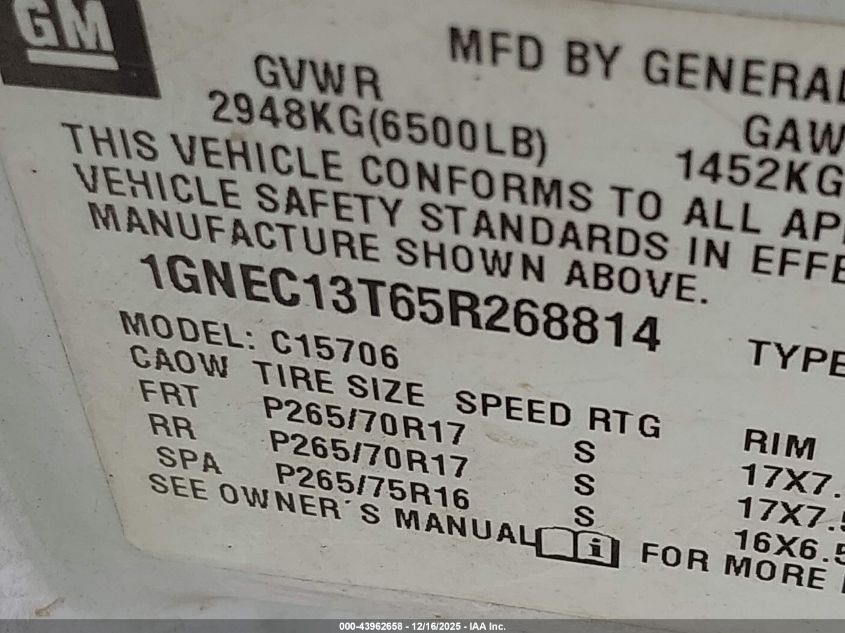 2005 Chevrolet Tahoe Z71 VIN: 1GNEC13T65R268814 Lot: 43962658