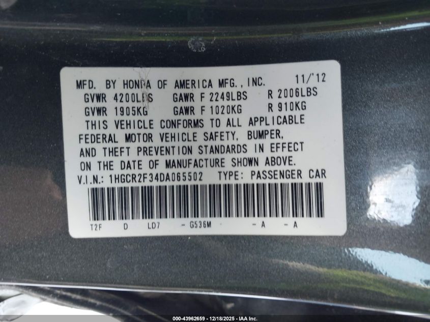 2013 Honda Accord Lx VIN: 1HGCR2F34DA065502 Lot: 43962659