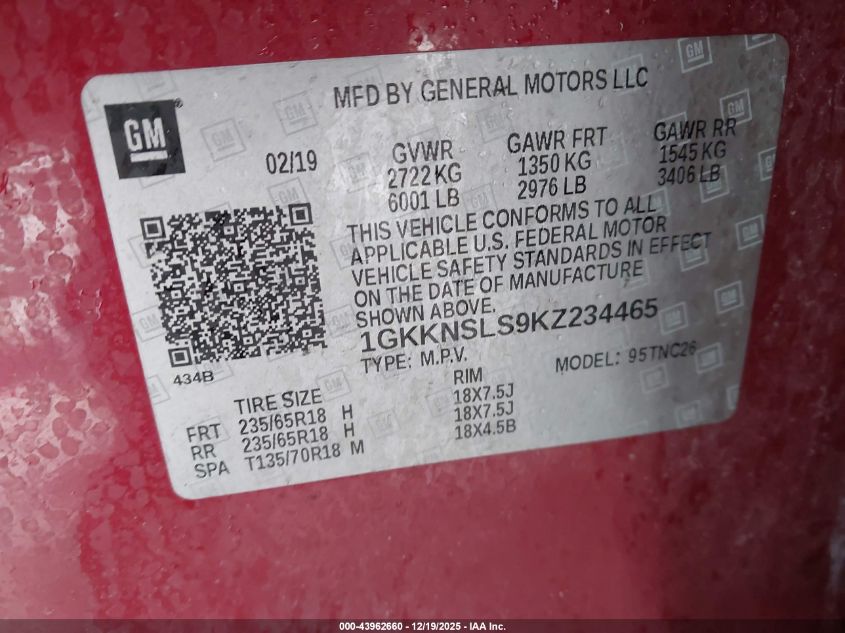 2019 GMC Acadia Sle-2 VIN: 1GKKNSLS9KZ234465 Lot: 43962660