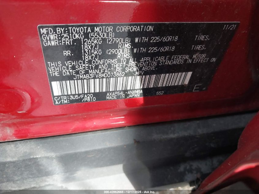 2021 Toyota Rav4 Prime Se VIN: JTMAB3FV8MD073862 Lot: 43962665