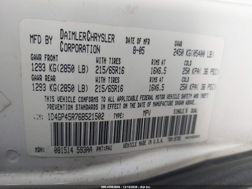 2006 Dodge Caravan Sxt VIN: 1D4GP45R76B521502 Lot: 43962666