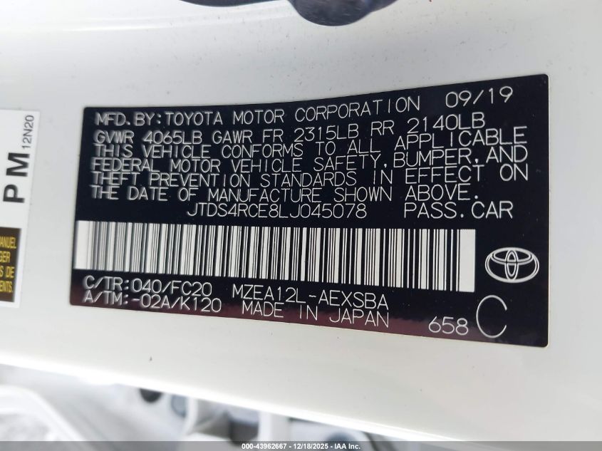 2020 Toyota Corolla Se VIN: JTDS4RCE8LJ045078 Lot: 43962667