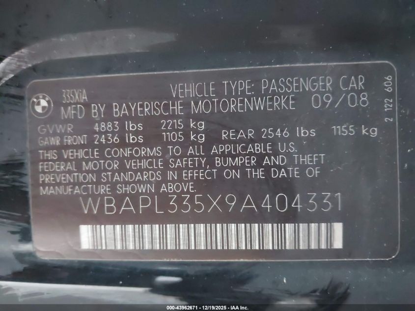 2009 BMW 335I xDrive VIN: WBAPL335X9A404331 Lot: 43962671
