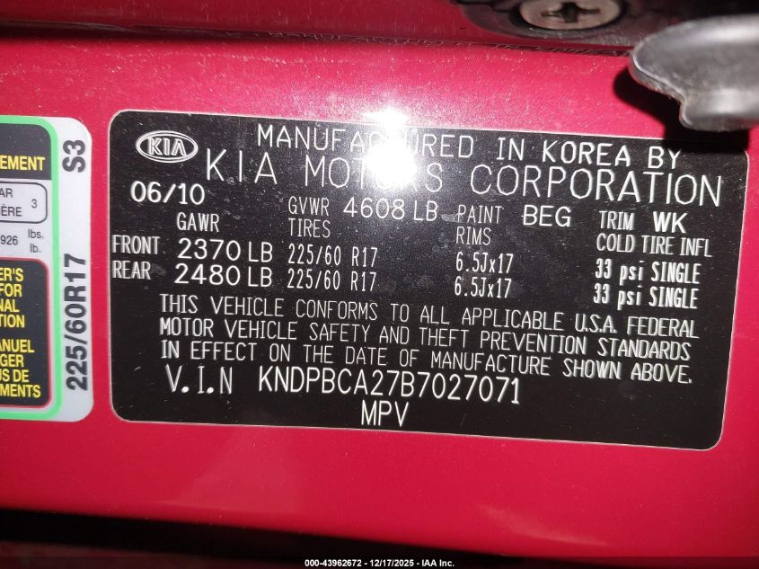 2011 Kia Sportage Lx VIN: KNDPBCA27B7027071 Lot: 43962672