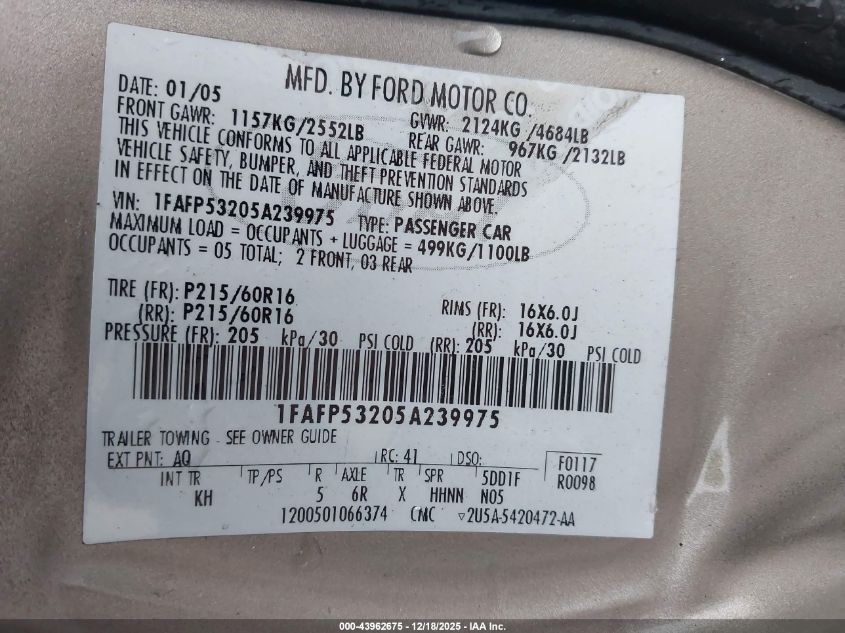 2005 Ford Taurus Se VIN: 1FAFP53205A239975 Lot: 43962675