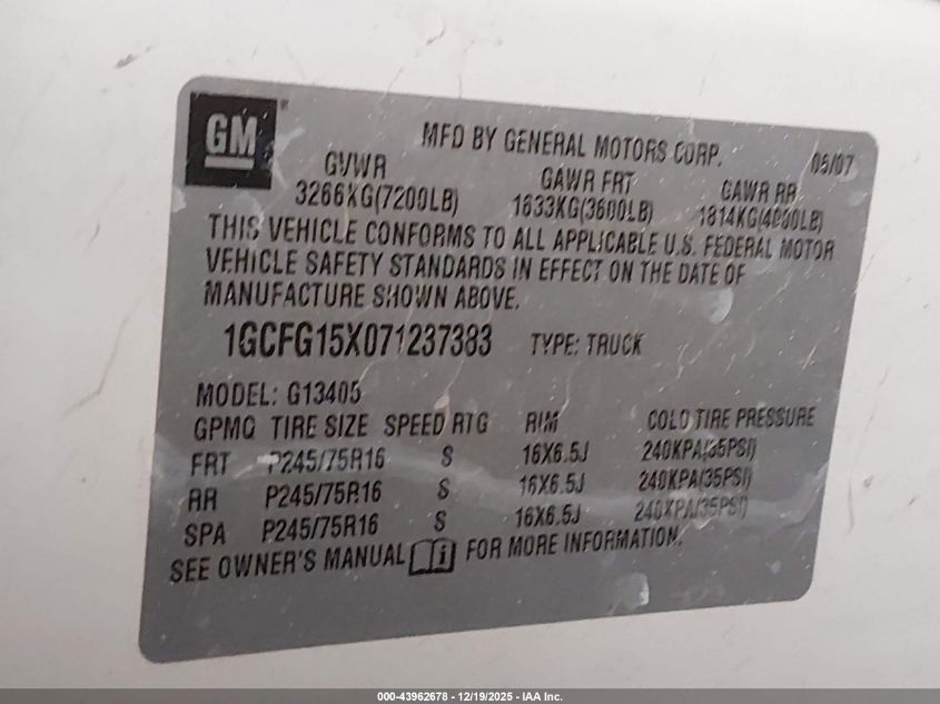 2007 Chevrolet Express Work Van VIN: 1GCFG15X071237383 Lot: 43962678