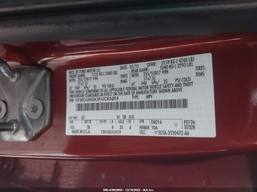 2015 Ford Escape Se VIN: 1FMCU9GX3FUC63203 Lot: 43962680