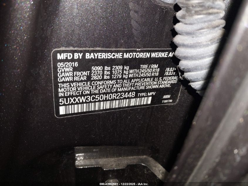 2017 BMW X4 xDrive28I VIN: 5UXXW3C50H0R23448 Lot: 43962681